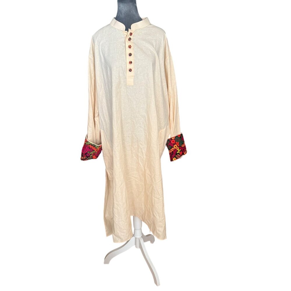 Manabi Handcrafted Cream Tunic With Embroidered Cuffs & Buttons
